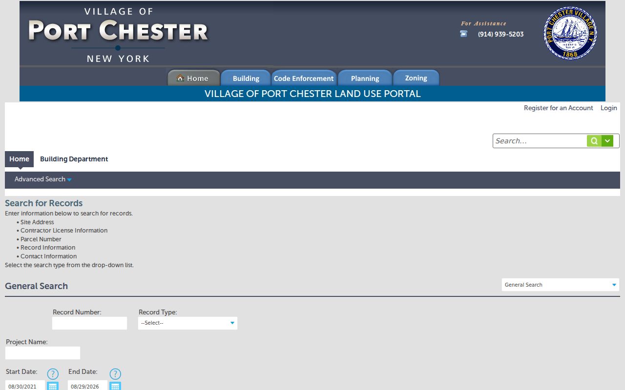 Port Chester street directory Accela address and parcel record search